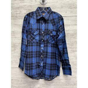 Vintage Stir Ups Western Pearl Snap Mens M Long Sleeve Shirt Blue Flannel Cowboy